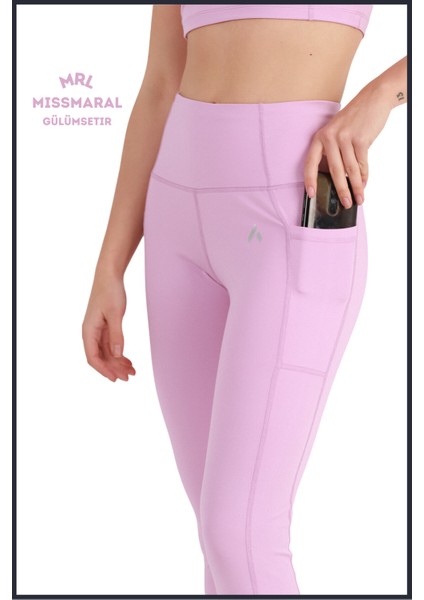 Kadın Lila Rengi Yüksek Bel Toparlayıcı Çift Cepli Spor Tayt Bilek Boy Slim Fit Görünüm 1057 modelleri