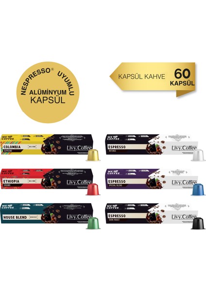 Alüminyum Kapsül Nespresso® Uyumlu Kapsül Kahve 60 Kapsül