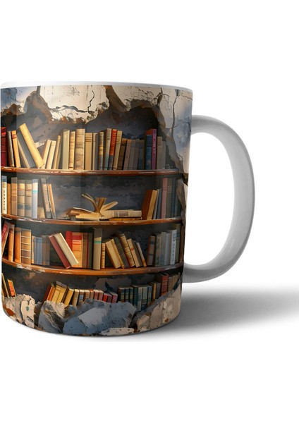 Kitap Kurdu Kitapsever Kütüphane Optik Illüzyonlu Kupa Bardak Model 3