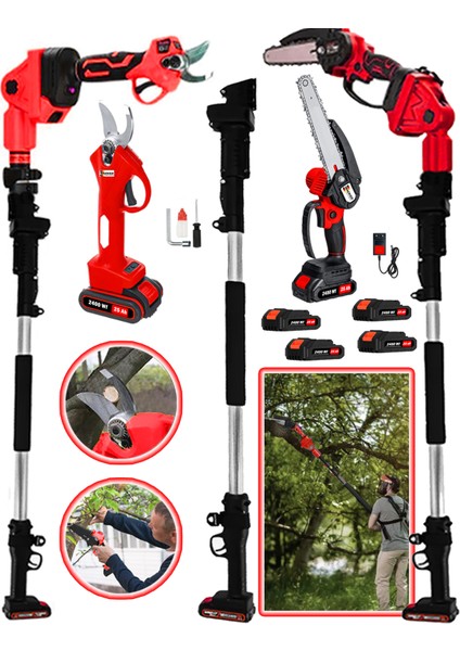 Germany 2400 Wf Red 4 Adet Akülü Dal Budama + Bağ Makası + 2.7 Metre Teleskopik Uzatma