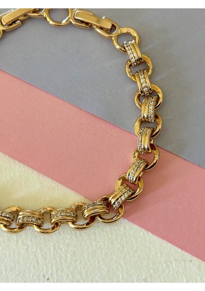 Rose Renk Çelik Mini Zirkon Taş Detaylı Yuvarlak Halka Halka Zincir Bileklik modelleri