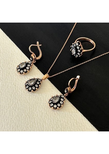 17,60 gr Rose Renk Damla Tasarım 925 Gümüş Elmas Montür Kolye Yüzük Küpe Set