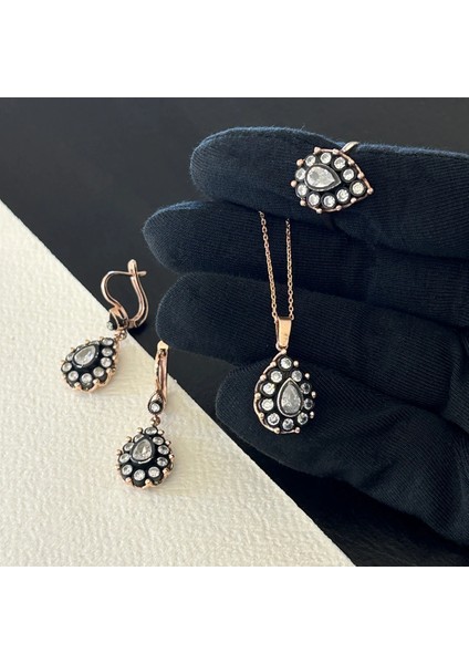 17,60 gr Rose Renk Damla Tasarım 925 Gümüş Elmas Montür Kolye Yüzük Küpe Set