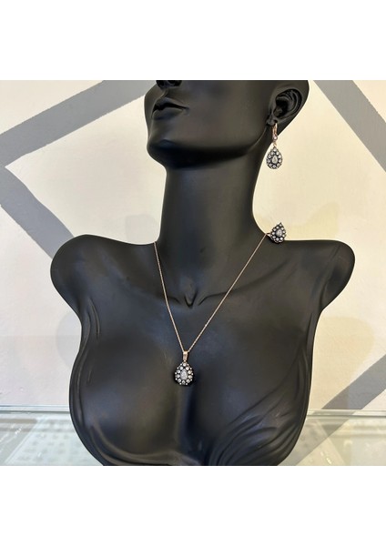 17,60 gr Rose Renk Damla Tasarım 925 Gümüş Elmas Montür Kolye Yüzük Küpe Set