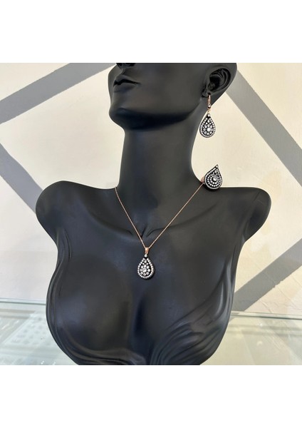 28,60 gr Rose Renk Damla Içinde Çiçek Tasarım 925 Gümüş Elmas Montür Kolye Yüzük Küpe Set modelleri