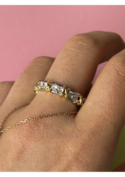 Silver Renk Yuvarlak Zirkon Taş Işlemeli Gold x Detaylı Ayarlanabilir Çelik Yüzük