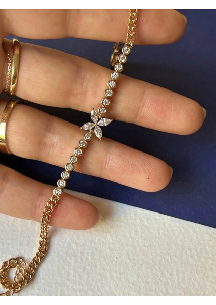 Rose Renk Yarısı Italyan Zincirli Ortası Mini Yuvarlak Zirkon Taşlı Çiçekli Çelik Bileklik fiyatları