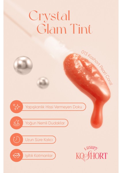 Yapışkanlık Hissi Vermeyen Yoğun Işıltılı Tint CLIO Crystal Glam Tint (13 Koshort Pearl Coral)