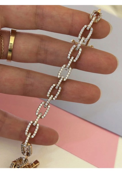 Rose Renk Çelik Oval Halka Bağlantılı Zirkon Taş Işlemeli Zincir Bileklik fiyatları