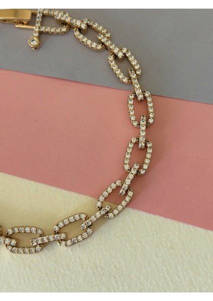 Rose Renk Çelik Oval Halka Bağlantılı Zirkon Taş Işlemeli Zincir Bileklik modelleri