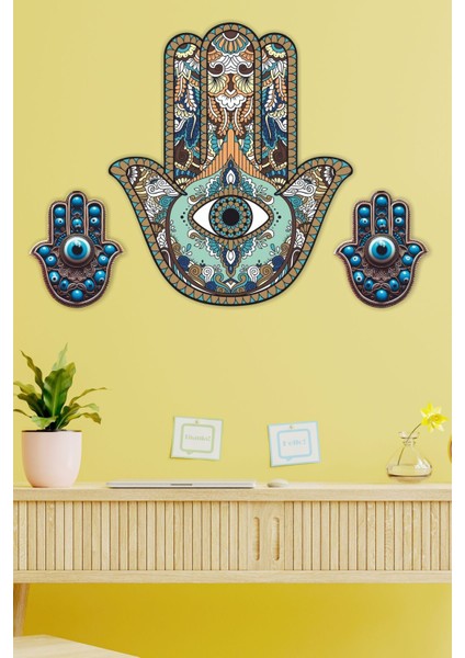 Ahşap Hamsa Fatma Ana Bereket Eli Duvar Süsü Tablo Seti