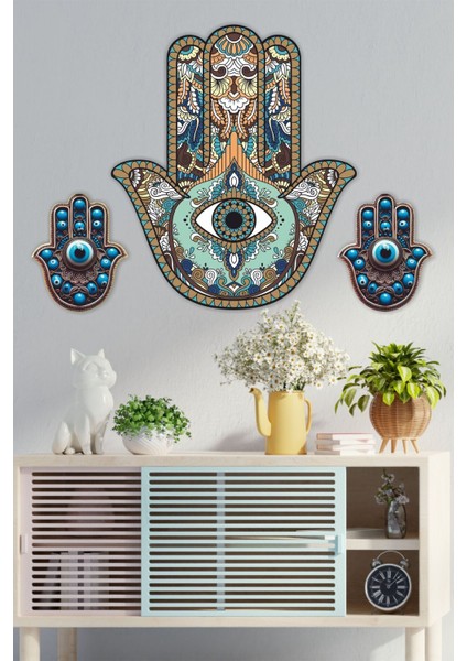 Ahşap Hamsa Fatma Ana Bereket Eli Duvar Süsü Tablo Seti modelleri