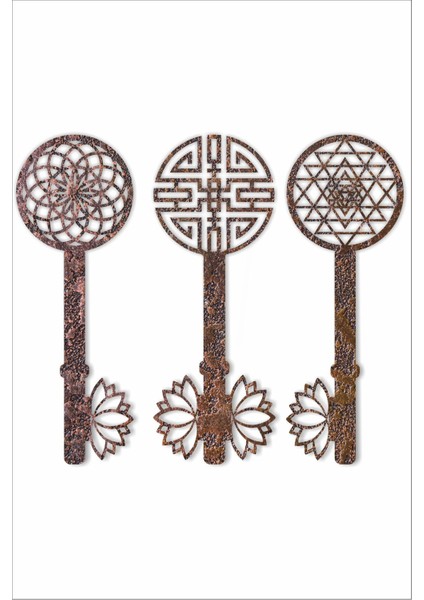 Renkli Yaşam Çiçeği, Sri Yantra ve Torus Anahtarlı 3 Lü Tablo Seti