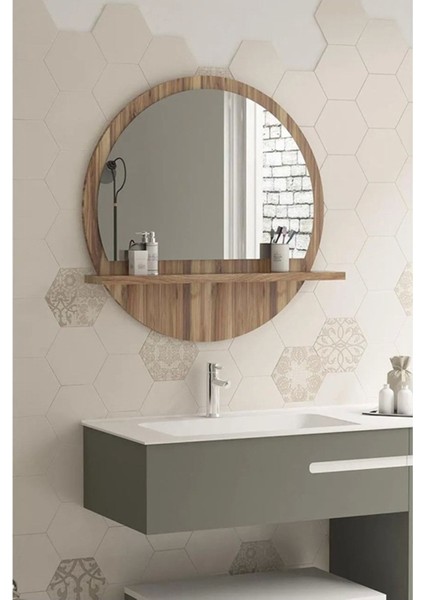 Tarz Design 58 cm Yuvarlak Ceviz Raflı Koridor Konsol Duvar Salon Banyo Ofis Yatakoda Aynası