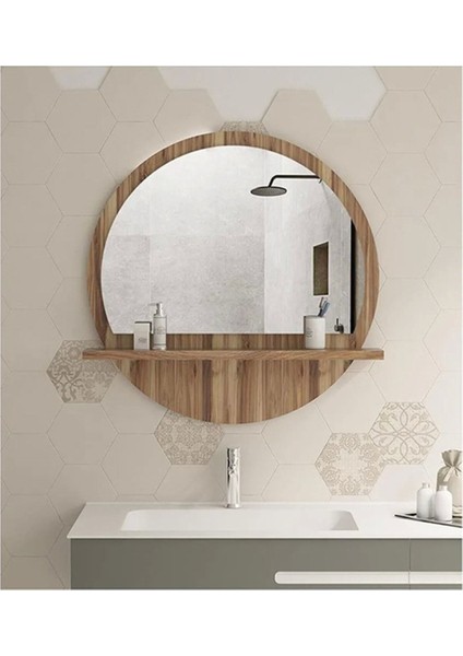 Tarz Design 58 cm Yuvarlak Ceviz Raflı Koridor Konsol Duvar Salon Banyo Ofis Yatakoda Aynası