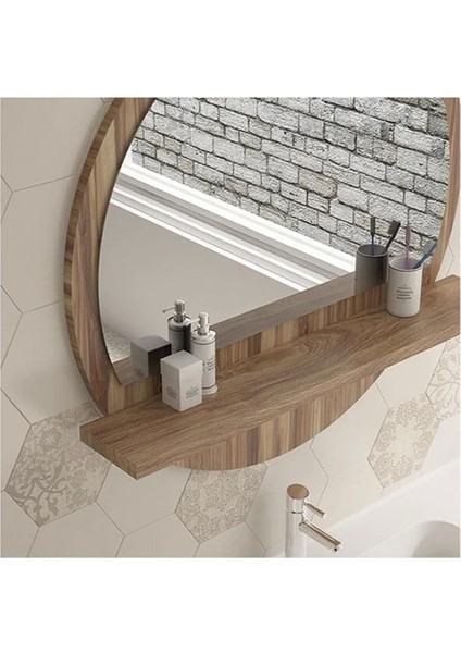 Tarz Design 58 cm Yuvarlak Ceviz Raflı Koridor Konsol Duvar Salon Banyo Ofis Yatakoda Aynası