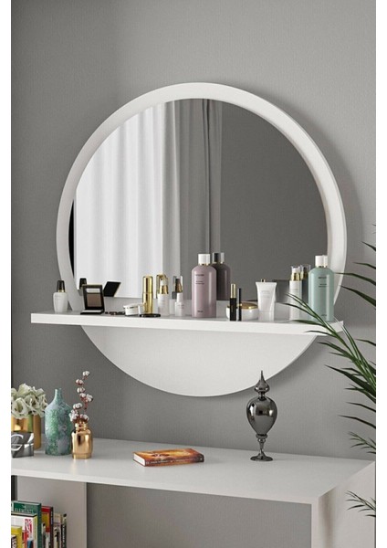 Tarz Design 58 cm Yuvarlak Beyaz Raflı Koridor Dresuar Konsol Salon Banyo Ofis Yatak Odası Ayna