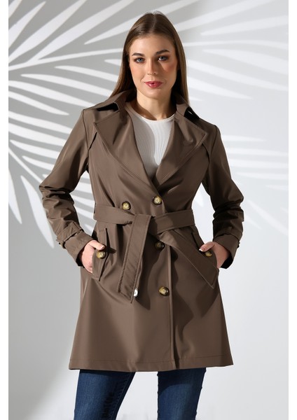 Kadın Degaje Kuşaklı Yarım Boy Astarlı Uzun Kollu Döğmeli Trençkot fiyatları