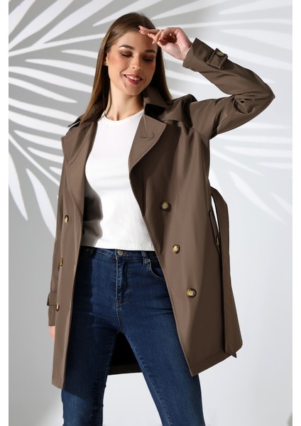 Kadın Degaje Kuşaklı Yarım Boy Astarlı Uzun Kollu Döğmeli Trençkot modelleri