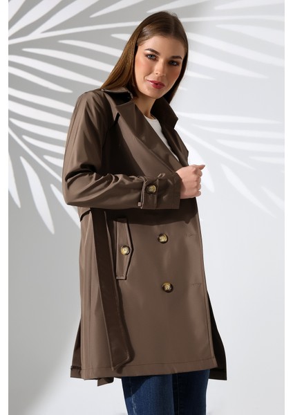 Kadın Degaje Kuşaklı Yarım Boy Astarlı Uzun Kollu Döğmeli Trençkot fırsatları