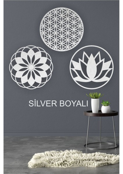Ahşap Lotus Çiçeği, Yaşam Çiçeği ve Mandala Üçlü Dekoratif Tablo Duvar Süsü 30 cm