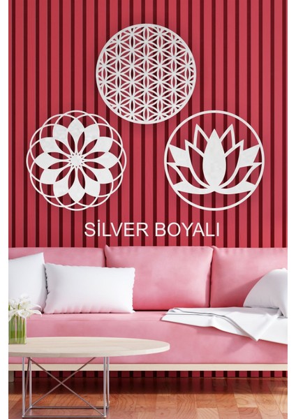 Ahşap Lotus Çiçeği, Yaşam Çiçeği ve Mandala Üçlü Dekoratif Tablo Duvar Süsü 30 cm