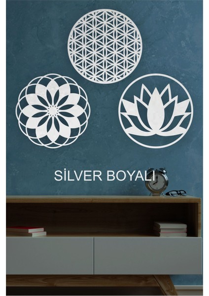 Ahşap Lotus Çiçeği, Yaşam Çiçeği ve Mandala Üçlü Dekoratif Tablo Duvar Süsü 30 cm