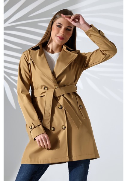 Kadın Degaje Kuşaklı Yarım Boy Astarlı Uzun Kollu Döğmeli Trençkot fiyatları