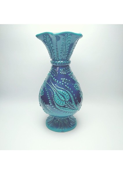 Tekno Trust Turkuaz El Dekorlu 30 cm Sermaik Vazo