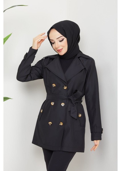 Kadın Degaje Kuşaklı Yarım Boy Astarlı Uzun Kollu Döğmeli Trençkot