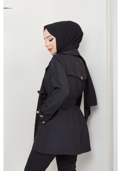 Kadın Degaje Kuşaklı Yarım Boy Astarlı Uzun Kollu Döğmeli Trençkot fiyatları