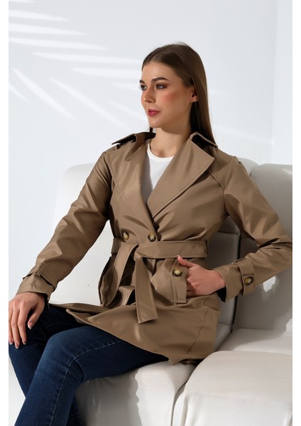 Kadın Degaje Kuşaklı Yarım Boy Astarlı Uzun Kollu Döğmeli Trençkot