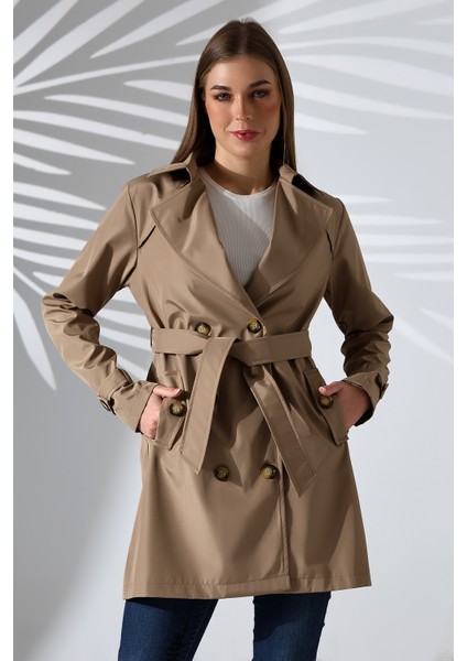Kadın Degaje Kuşaklı Yarım Boy Astarlı Uzun Kollu Döğmeli Trençkot fiyatları