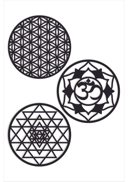 Ahşap Yaşam Çiçeği, Sri Yantra ve Om Sembolü Üçlü Dekoratif Tablo Duvar Süsü 30 cm