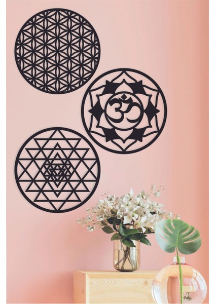 Ahşap Yaşam Çiçeği, Sri Yantra ve Om Sembolü Üçlü Dekoratif Tablo Duvar Süsü 30 cm