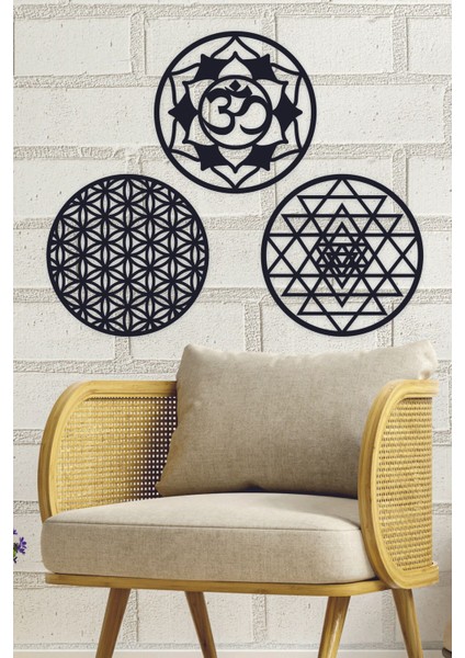 Ahşap Yaşam Çiçeği, Sri Yantra ve Om Sembolü Üçlü Dekoratif Tablo Duvar Süsü 30 cm