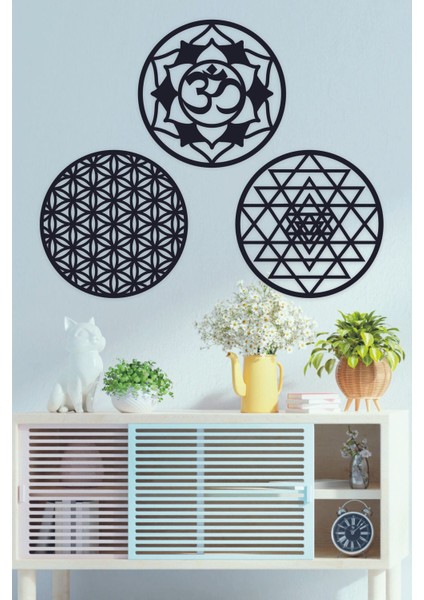 Ahşap Yaşam Çiçeği, Sri Yantra ve Om Sembolü Üçlü Dekoratif Tablo Duvar Süsü 30 cm