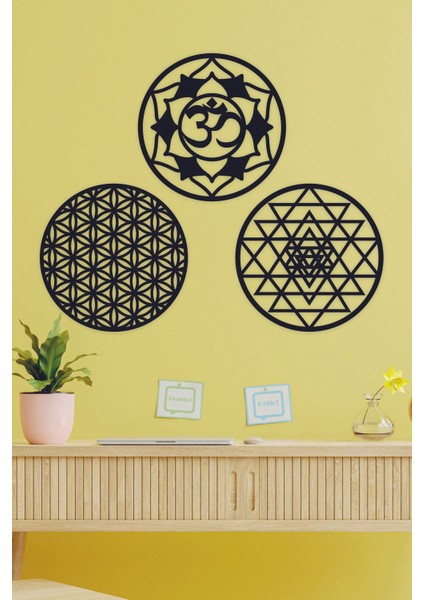 Ahşap Yaşam Çiçeği, Sri Yantra ve Om Sembolü Üçlü Dekoratif Tablo Duvar Süsü 30 cm
