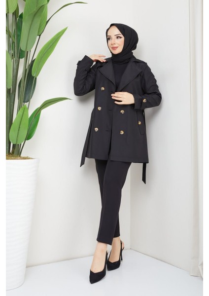 Kadın Degaje Kuşaklı Yarım Boy Astarlı Uzun Kollu Döğmeli Trençkot fırsatları