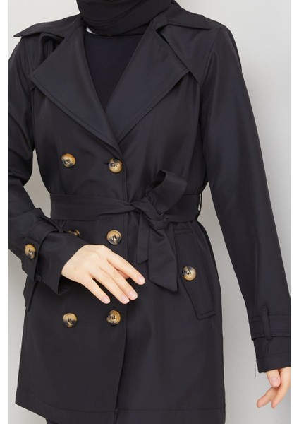 Kadın Degaje Kuşaklı Yarım Boy Astarlı Uzun Kollu Döğmeli Trençkot modelleri