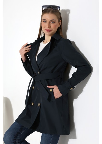 Kadın Degaje Kuşaklı Yarım Boy Astarlı Uzun Kollu Döğmeli Trençkot fiyatları