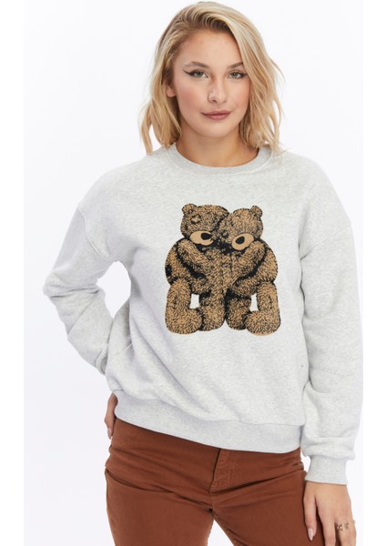 Kadife Ayıcıklar Desenli Gri Melanj Yumuşak Dokulu Regular Fit Bisiklet Yaka Kadın Sweatshirt