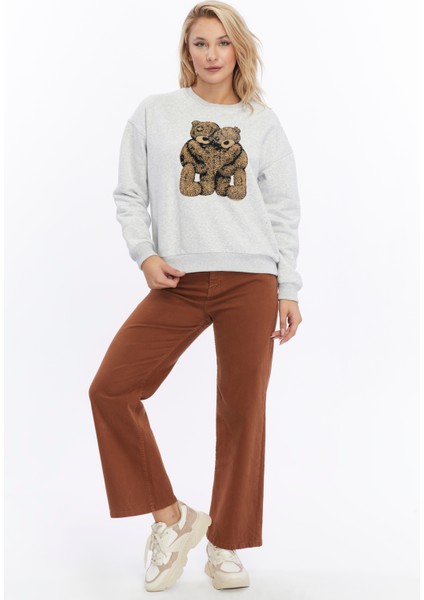Kadife Ayıcıklar Desenli Gri Melanj Yumuşak Dokulu Regular Fit Bisiklet Yaka Kadın Sweatshirt