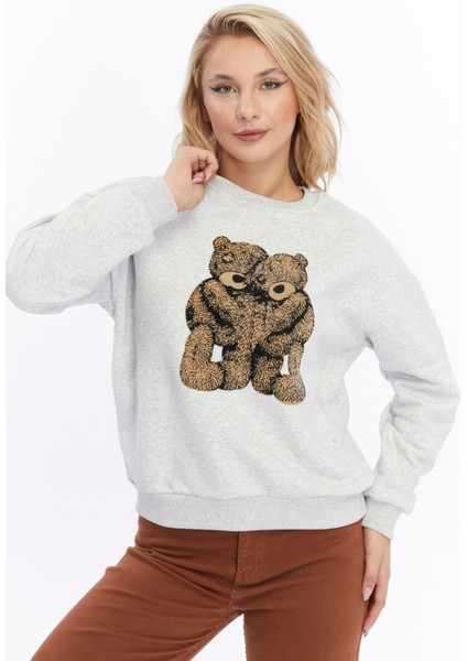 Kadife Ayıcıklar Desenli Gri Melanj Yumuşak Dokulu Regular Fit Bisiklet Yaka Kadın Sweatshirt