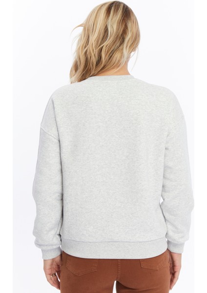 Kadife Ayıcıklar Desenli Gri Melanj Yumuşak Dokulu Regular Fit Bisiklet Yaka Kadın Sweatshirt