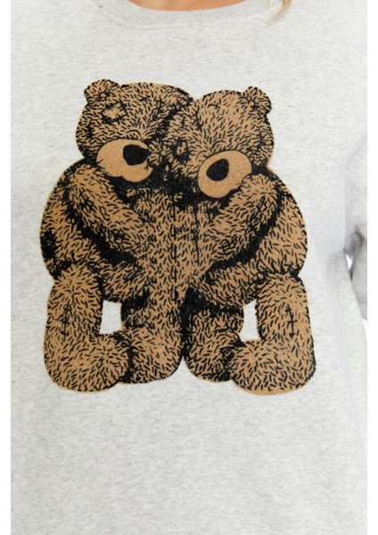 Kadife Ayıcıklar Desenli Gri Melanj Yumuşak Dokulu Regular Fit Bisiklet Yaka Kadın Sweatshirt
