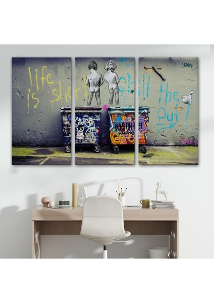 Bansky Çöp Kutusuna Işeyen Çocuklar Kanvas Tablosu / Hayat KISA-5154