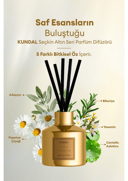 Parfüm Difüzörü Seçkin Gold Seri KUNDAL Perfume Diffuser Gold Edition 200ml 2 Adet (Basil & Citrus)