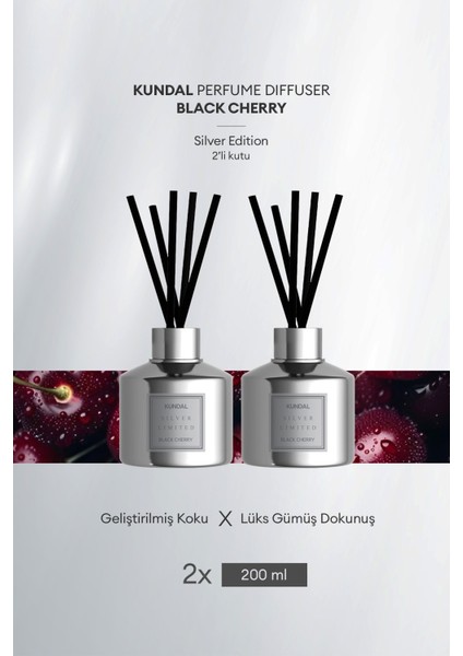 Parfüm Difüzörü Seçkin Gümüş Seri KUNDAL Perfume Diffuser Silver Edition 200ml 2 Adet (Black Cherry)