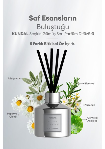 Parfüm Difüzörü Seçkin Gümüş Seri KUNDAL Perfume Diffuser Silver Edition 200ml 2 Adet (Black Cherry)